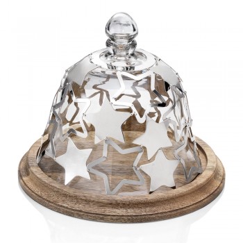Bell Cake Holder in Wood and Glass with Silver Metal Stars - Ilenia
