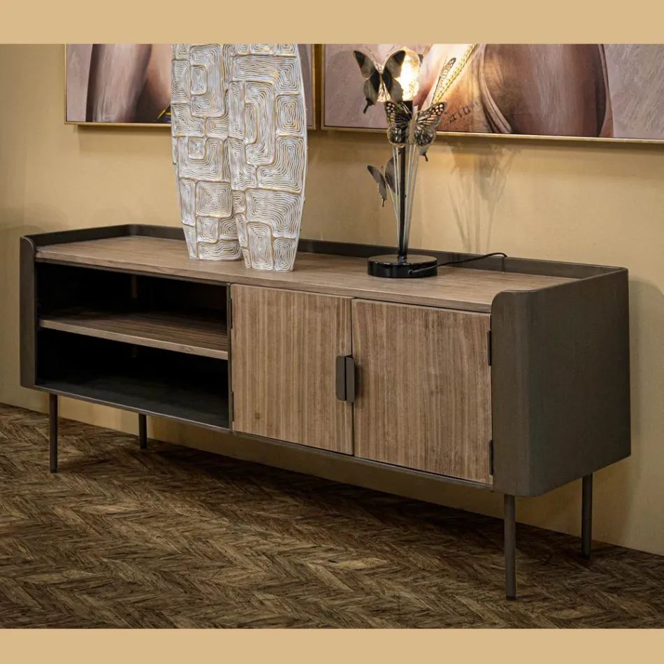 Living Room TV Stand in Fir Wood and Gray Iron with 2 Doors - Cooper Viadurini