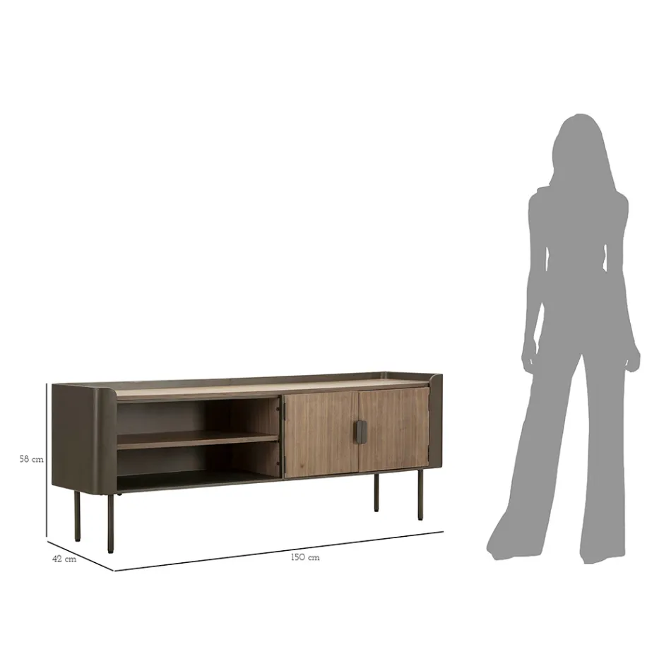 Living Room TV Stand in Fir Wood and Gray Iron with 2 Doors - Cooper Viadurini