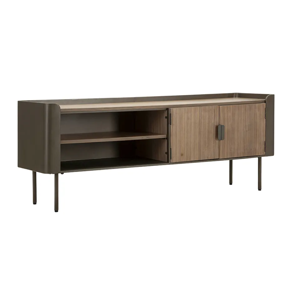 Living Room TV Stand in Fir Wood and Gray Iron with 2 Doors - Cooper Viadurini