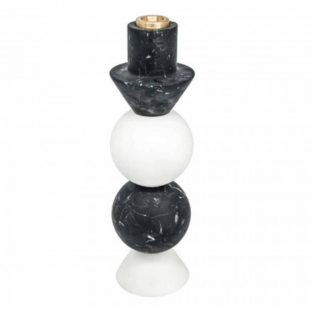 Tall Candle Holder in White, Black and Brass Marble Made in Italy - Bram Viadurini