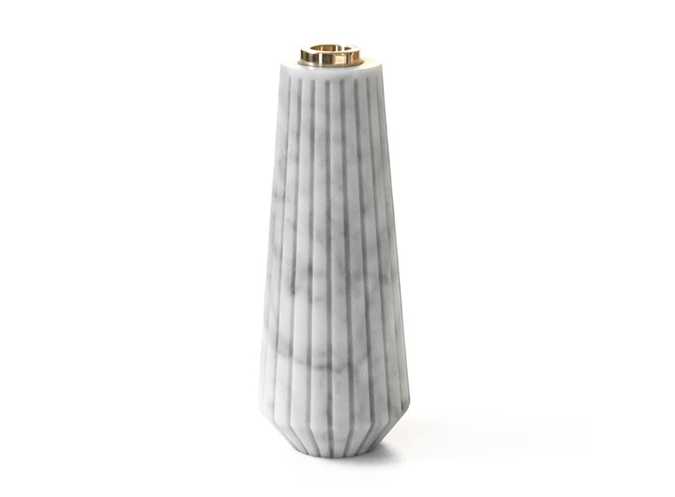 Design Candle Holder in Striped White Carrara Marble and Brass - Amenia Viadurini
