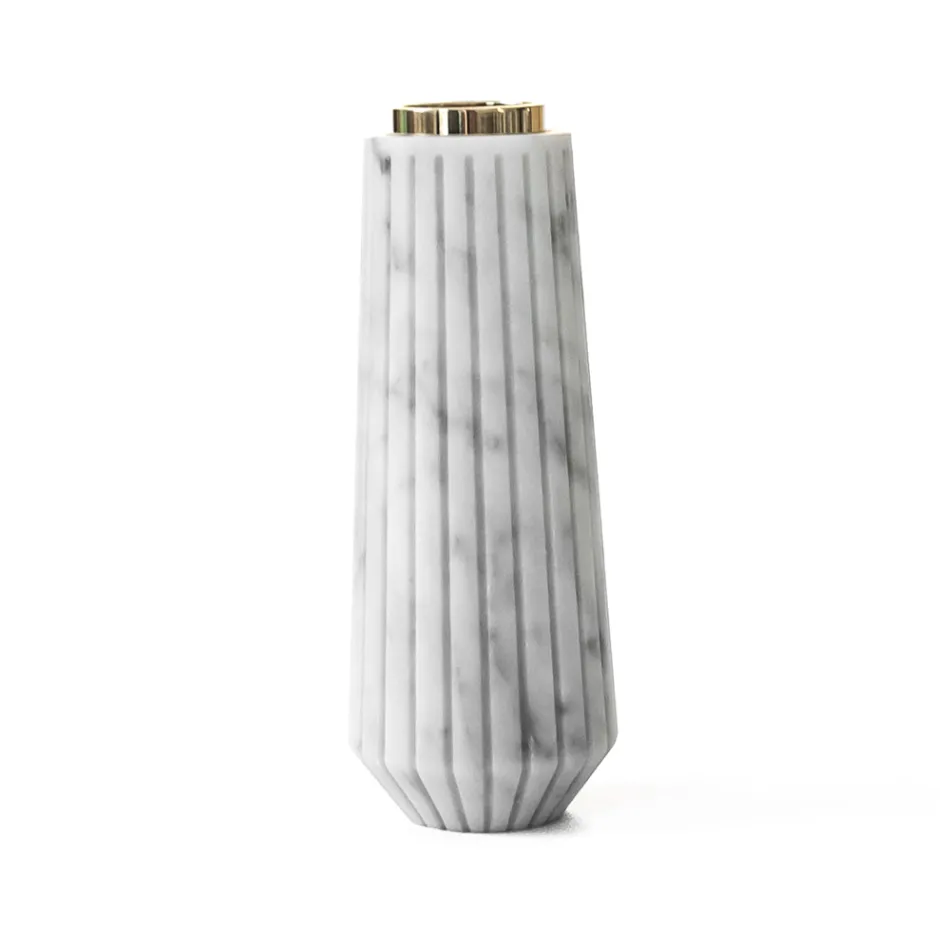 Striped White Carrara Marble and Brass Candle Holder Made in Italy - Amenia Viadurini