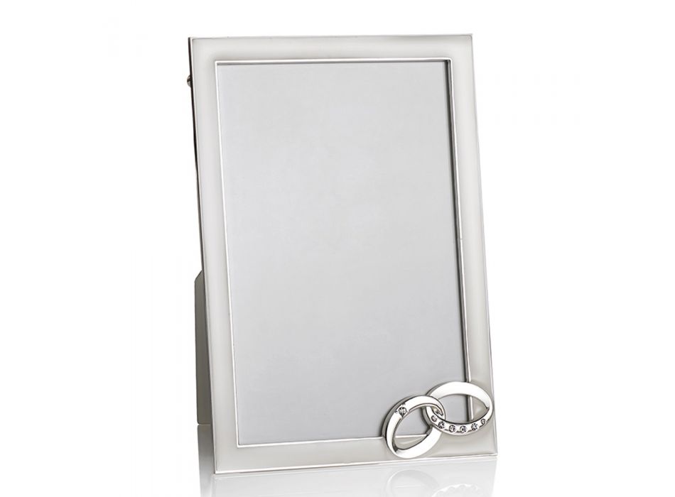 Silver Metal Table Photo Frame with Rings and Crystals - Bridal Viadurini