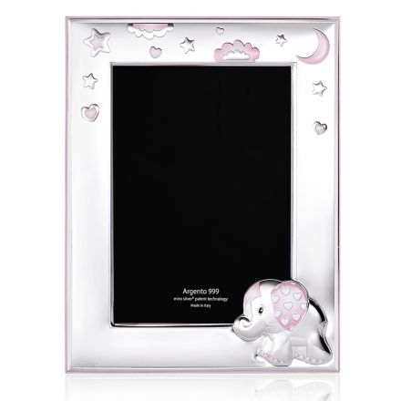 Picture Frame in Silver and Pink Leather for Girls with Elephant Decoration - Molly Viadurini