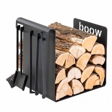 Indoor Firewood Holder in Black Steel with 4 Tools Made in Italy - Phebe Viadurini