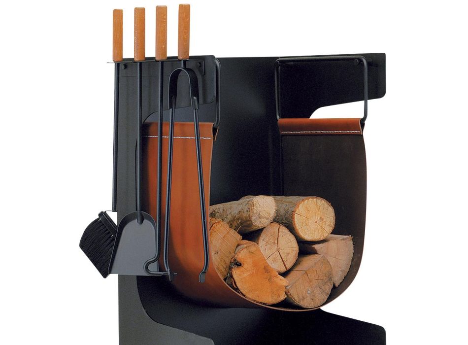 Wood holder in eco-leather and metal with 4 accessories Made in Italy - Camel Viadurini
