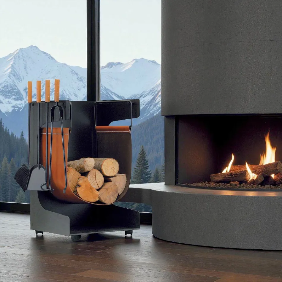 Wood holder in eco-leather and metal with 4 accessories Made in Italy - Camel Viadurini