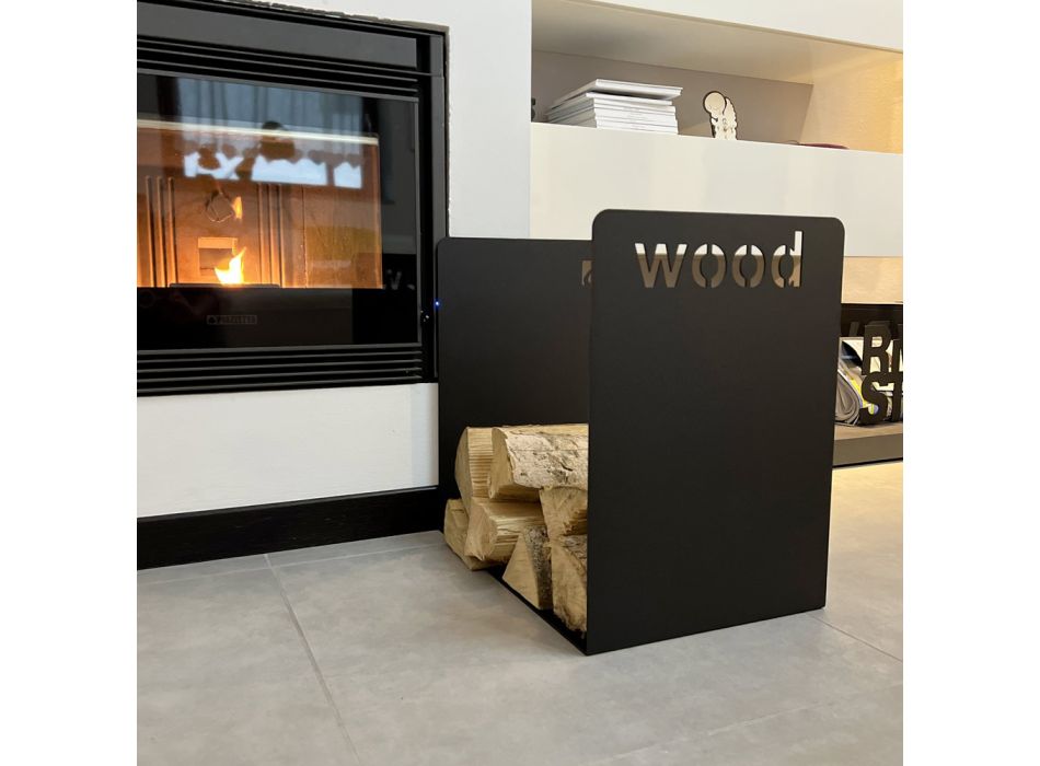 Modern Wood Holder in Black Steel Minimal Design with Engraving - Altano Viadurini