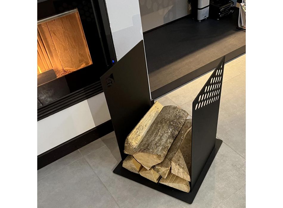 Modern Firewood Holder in Black Steel for Indoor Design - Scirocco Viadurini