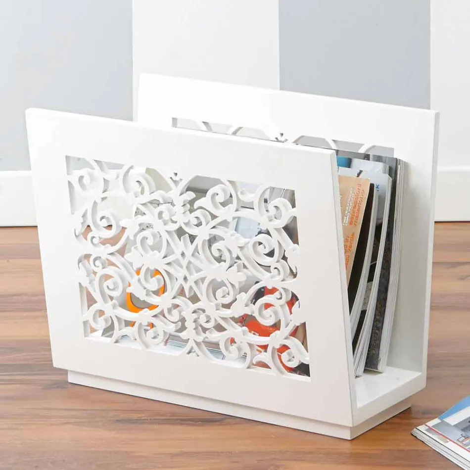 Modern Design Floor Magazine Rack in Colored Wood with Decorations - Dubai Viadurini