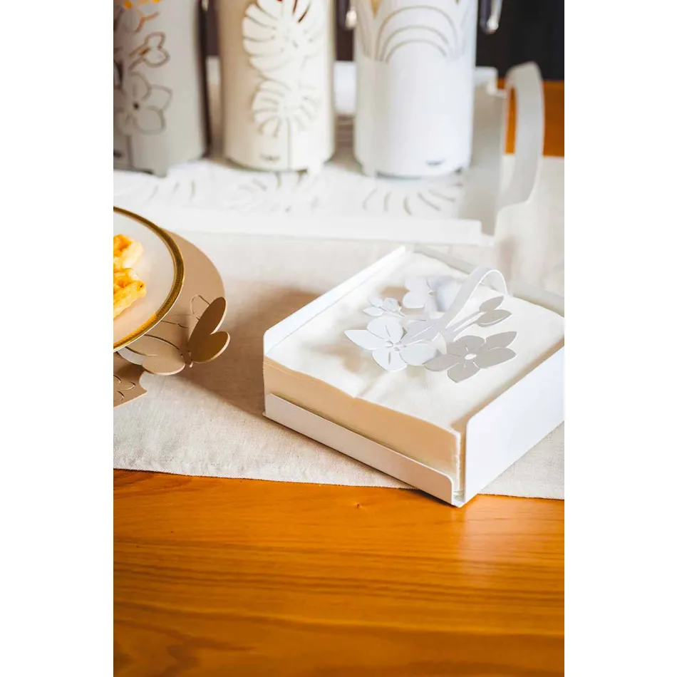 Modern Low Floral Napkin Holder in Iron Blue, White or Mud - Marken Viadurini
