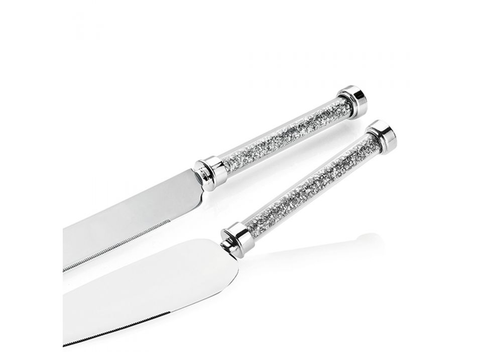 Silver Metal Cake Cutlery with Luxury Crystals 2 Pieces - Kristal Viadurini