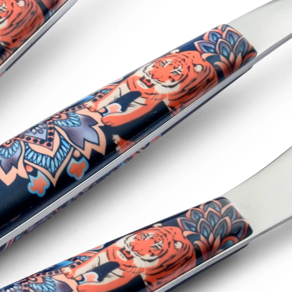 Steel and Plastic Cutlery Colored Decoration with Tiger 24 Pcs - Alessandra Viadurini