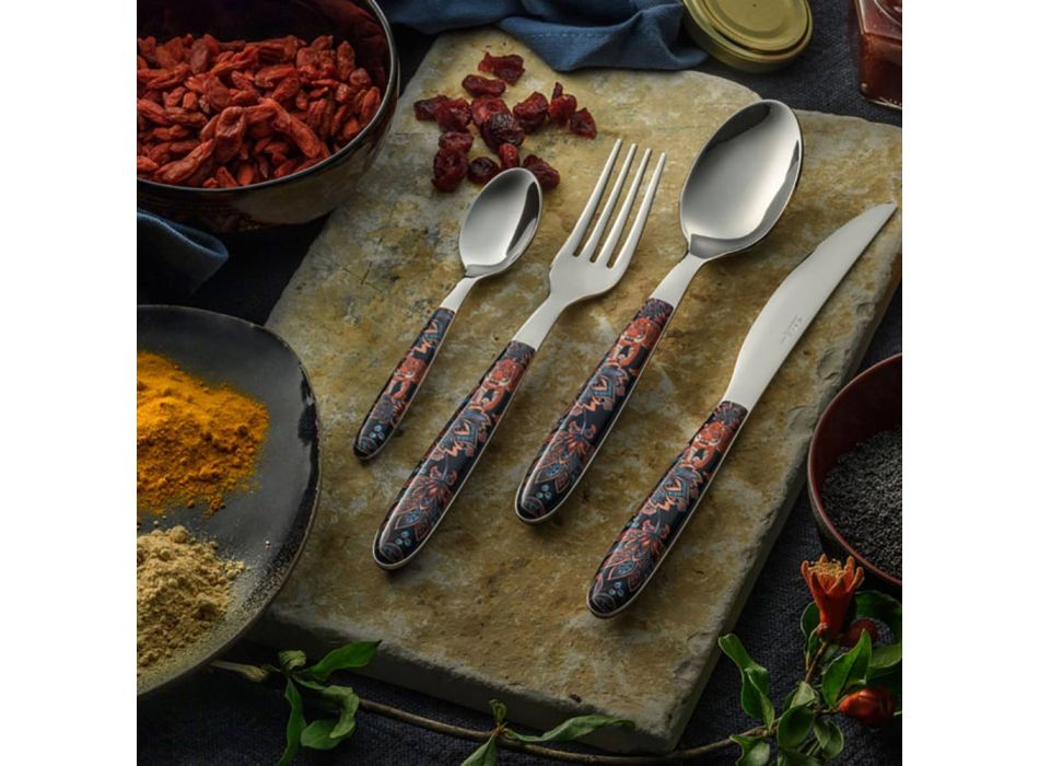 Steel and Plastic Cutlery Colored Decoration with Tiger 24 Pcs - Alessandra Viadurini