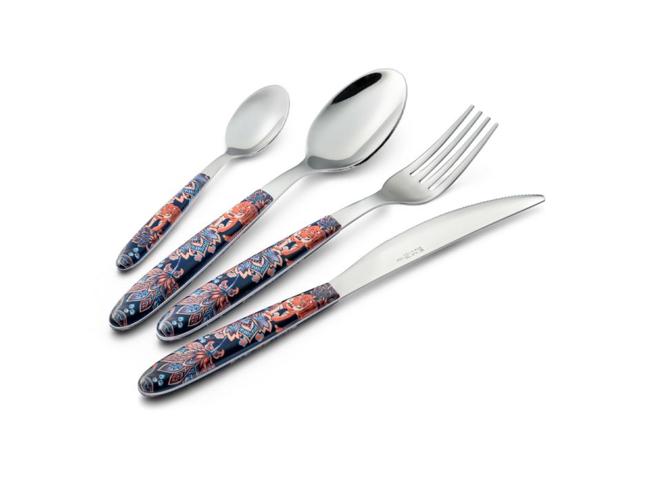 Steel and Plastic Cutlery Colored Decoration with Tiger 24 Pcs - Alessandra Viadurini