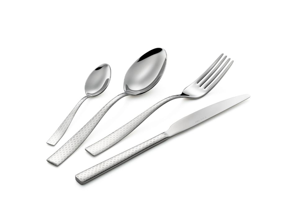 Polished Stainless Steel Cutlery with Geometric Laser Decoration 24 Pcs - Rupeo Viadurini