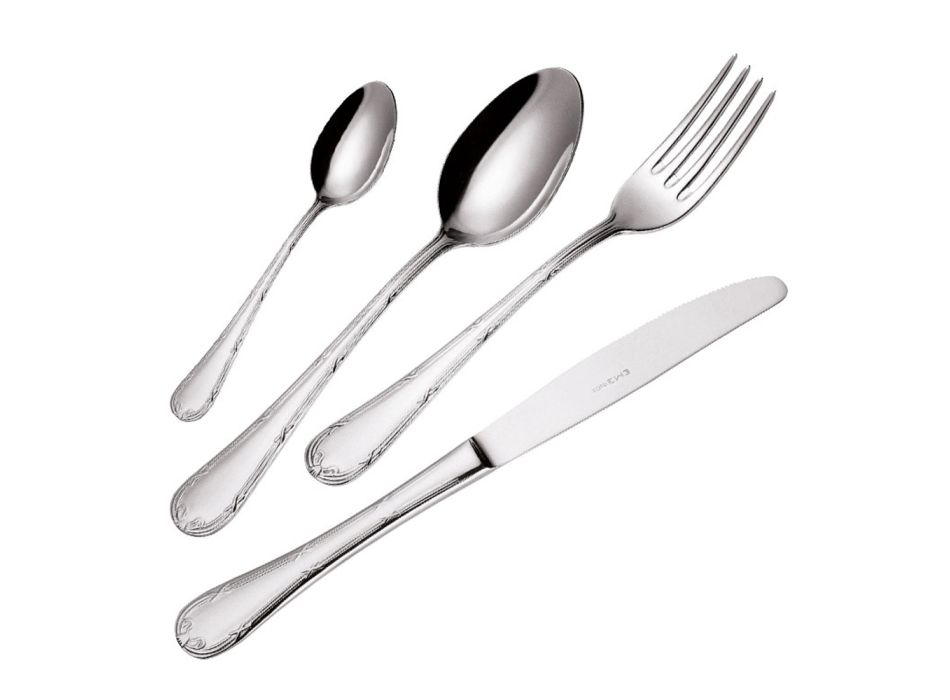 Polished Stainless Steel Cutlery Rounded Handle Decorated 24 Pcs - Mekano Viadurini
