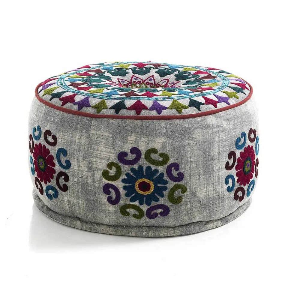 Round Pouf of Ethnic Design in Patchwork Fabric or Velvet - Fiber Viadurini