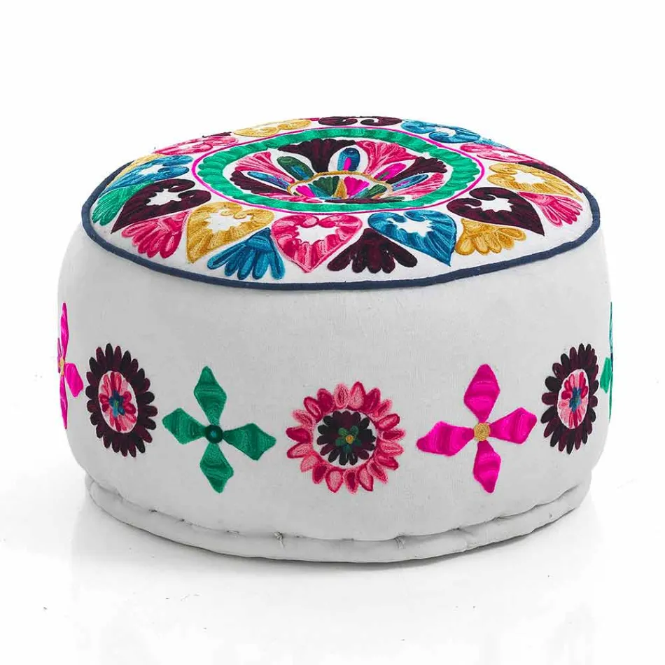 Round Pouf of Ethnic Design in Patchwork Fabric or Velvet - Fiber Viadurini