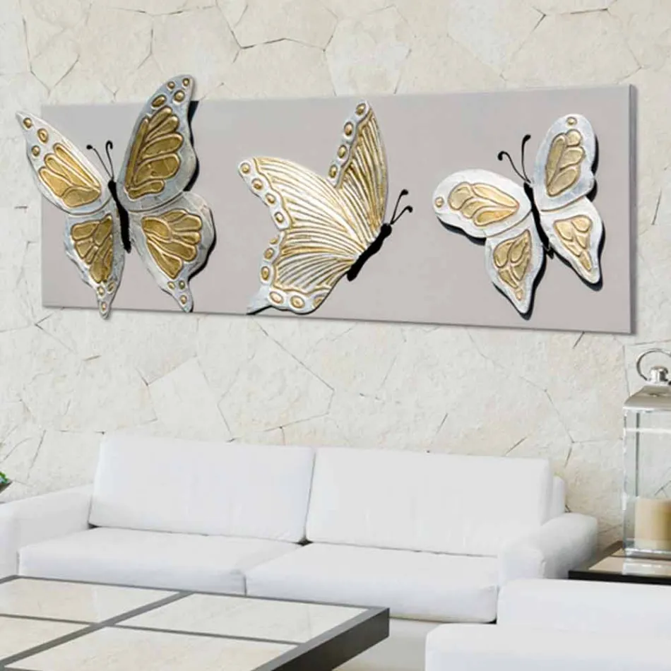 Modern painting with three butterflies in relief decorated by hand Stephen Viadurini