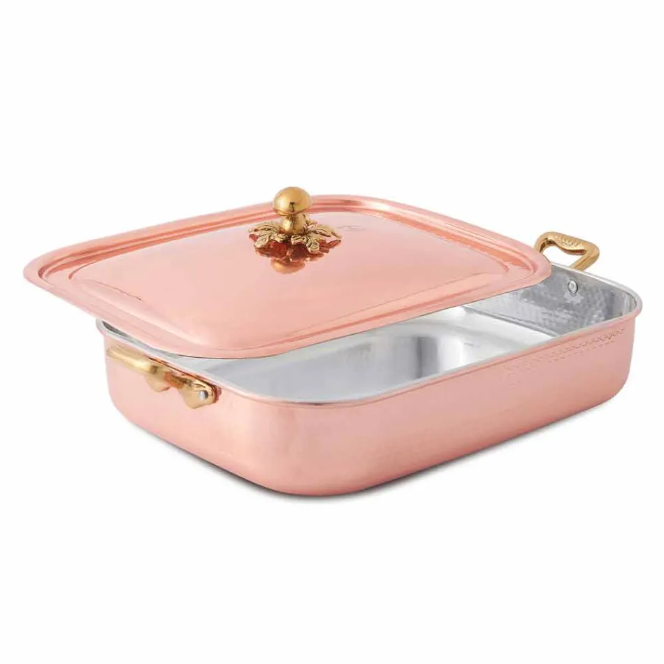 Roaster and Rectangular Lid in Hand Tinned Copper 32x24 cm - Mariateresa Viadurini