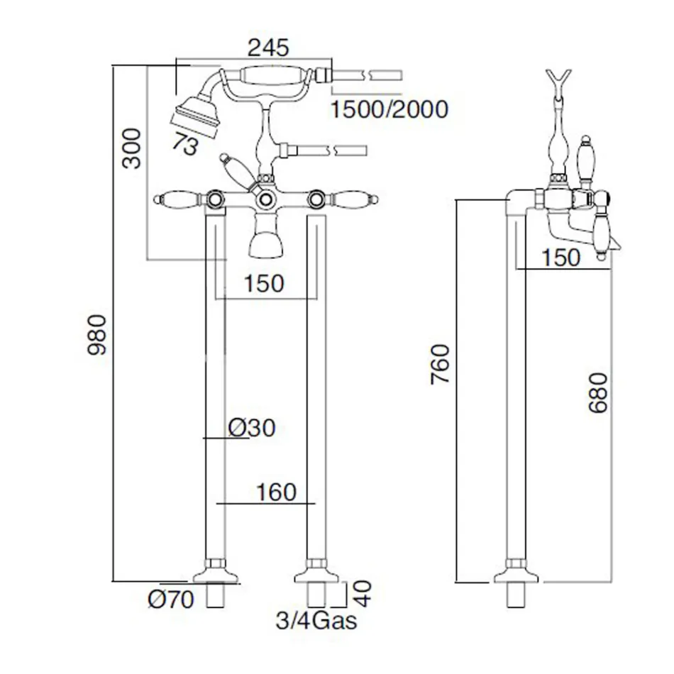 Floor Standing Bathtub Faucet with Brass Shower Made in Italy - Noriana Viadurini