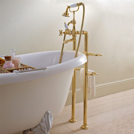 Classic Brass Floor-Mounted Bathtub Tap with Hand Shower - Fioretta Viadurini