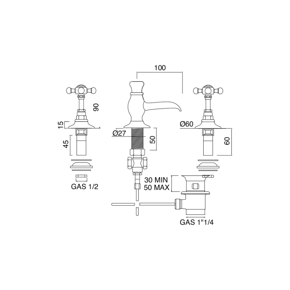 Vintage 3-Hole Brass Bidet Tap Made in Italy - Elisea Viadurini