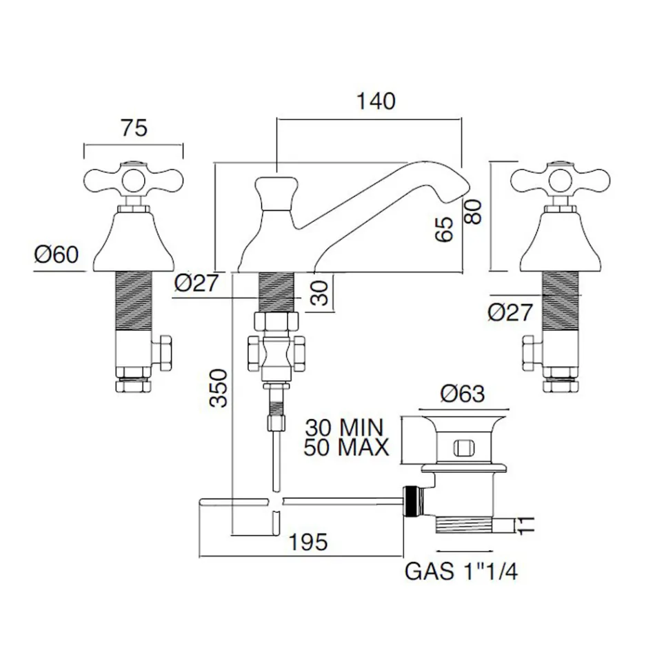 3 Hole Bathroom Sink Tap in Brass with Classic Style Drain - Ercolina Viadurini