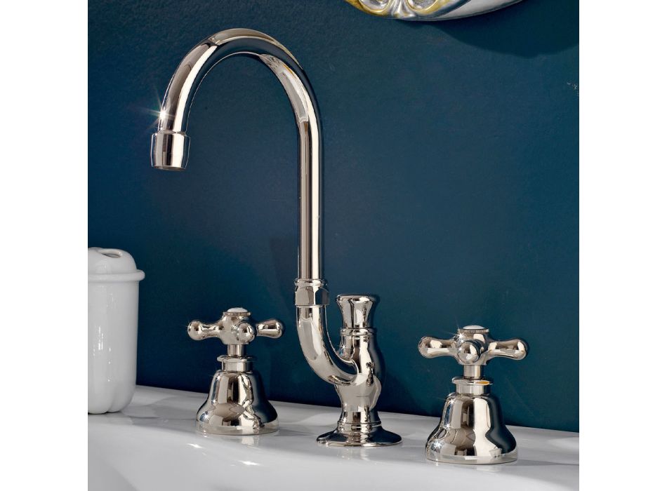 3 Hole Bathroom Sink Tap in Brass with High Spout and Drain - Ercolina Viadurini