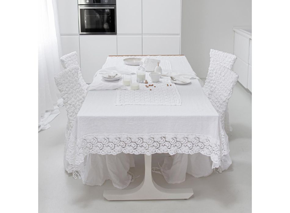 White Runner in Crochet Lace Embroidery and Cotton Blend Border - Giangi Viadurini