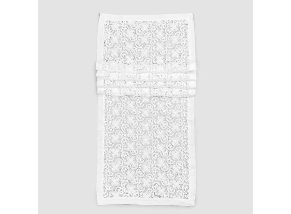White Runner in Crochet Lace Embroidery and Cotton Blend Border - Giangi Viadurini