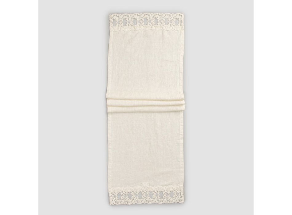 Linen Table Runner with Lace, Luxury Design in 2 Colors - Farnese Viadurini