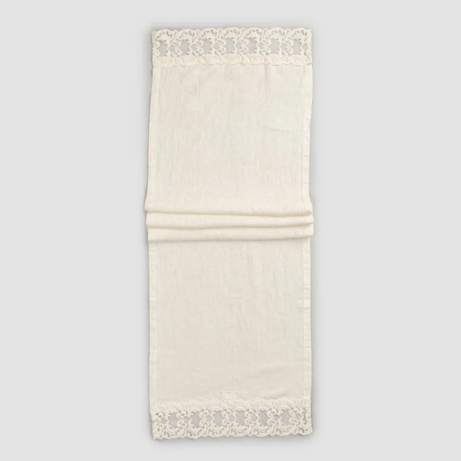 Linen Table Runner with Lace, Luxury Design in 2 Colors - Farnese Viadurini