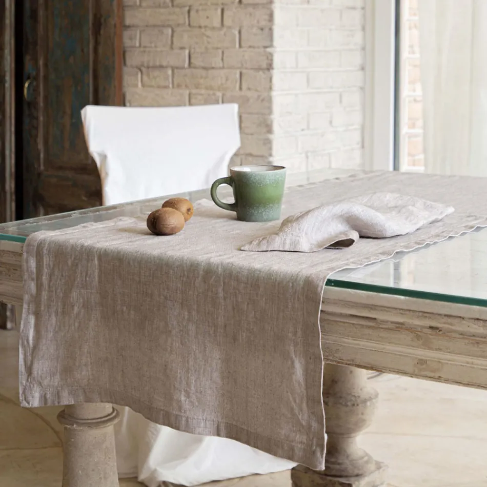 Beige Linen Runner with Italian Artisan Luxury Folded Edge - Limao Viadurini