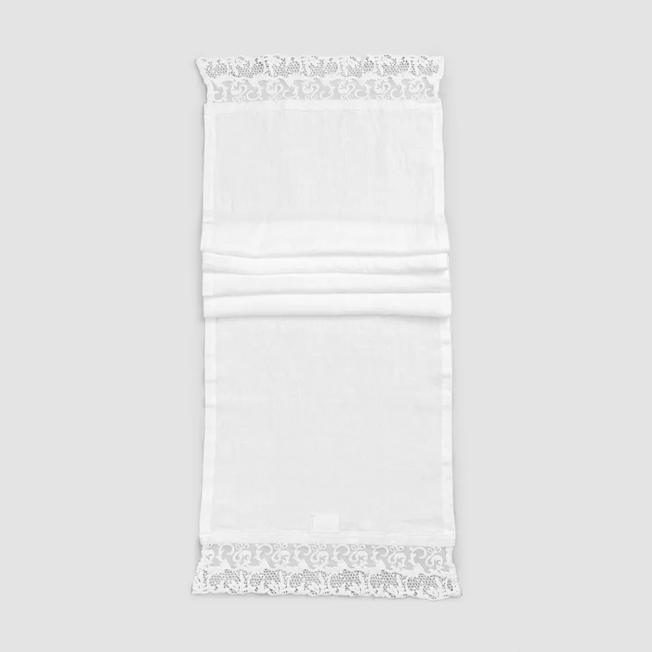 Linen Table Runner with White Lace Italian Luxury Quality - Farnese Viadurini