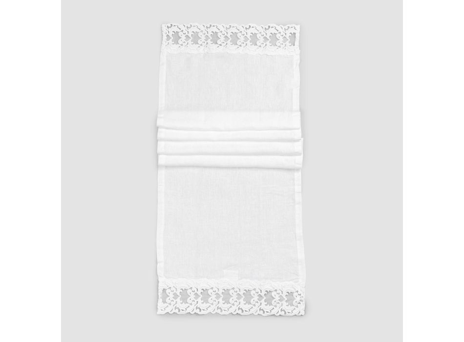 Linen Table Runner with White Lace Italian Luxury Quality - Farnese Viadurini