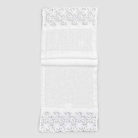White Heavy Linen Table Runner with Luxury Crochet Lace on the Sides - Giangi Viadurini