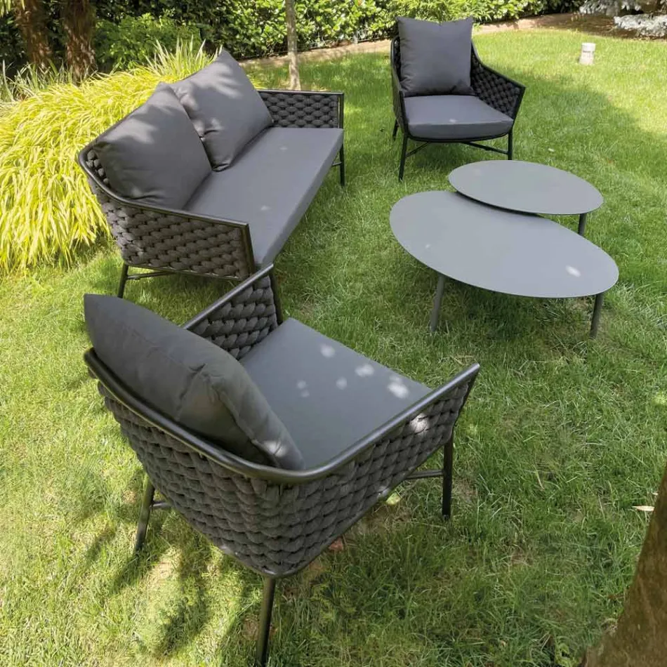 Living Room Consisting of Sofa, Armchairs and 2 Aluminum Coffee Tables - Yuma Viadurini