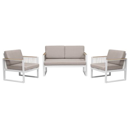 Outdoor Living Room with Sofa and 2 Armchairs in Rope Aluminum and Teak - Chaise Viadurini