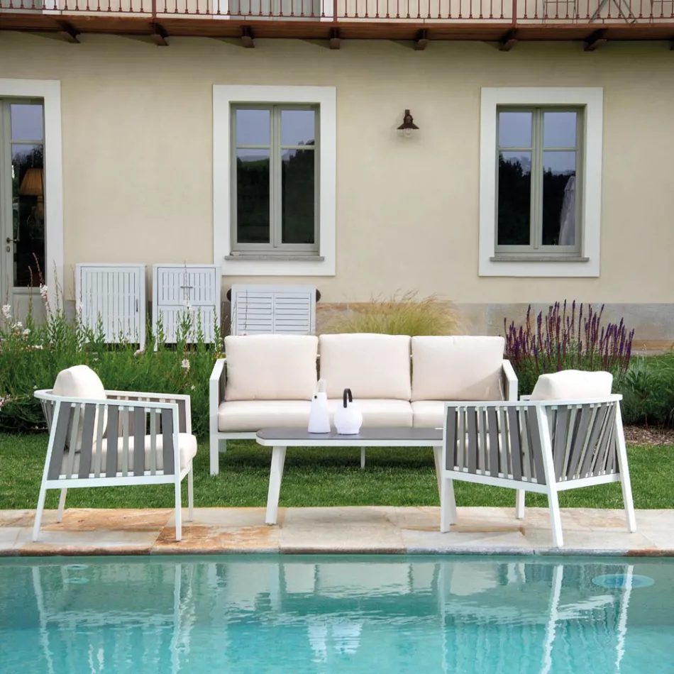 Outdoor Lounge in White Aluminum and Cream Cushions - Relaz Viadurini