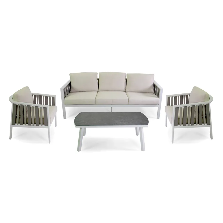 Outdoor Lounge in White Aluminum and Cream Cushions - Relaz Viadurini