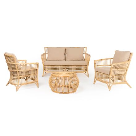 Outdoor Living Room in Natural Rattan Complete with Cushions - Bellaria Viadurini