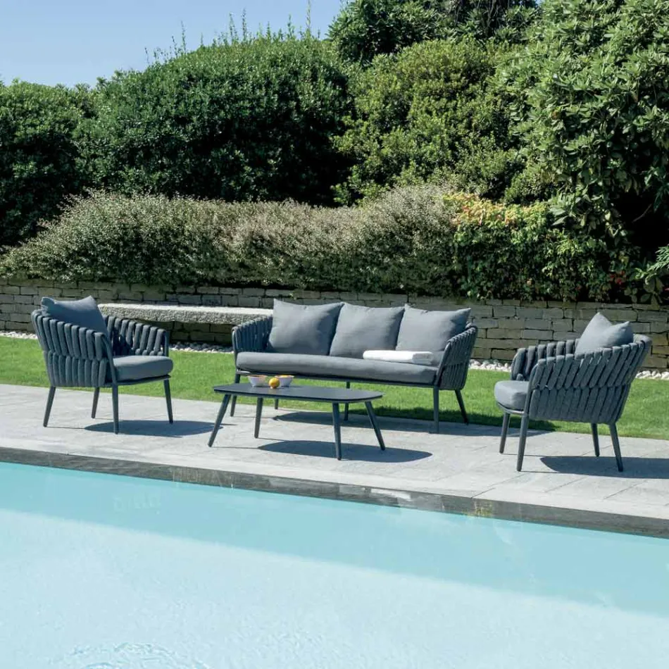 Narin Aluminum and Rope Upholstered Garden Lounge Set with Cushions Viadurini
