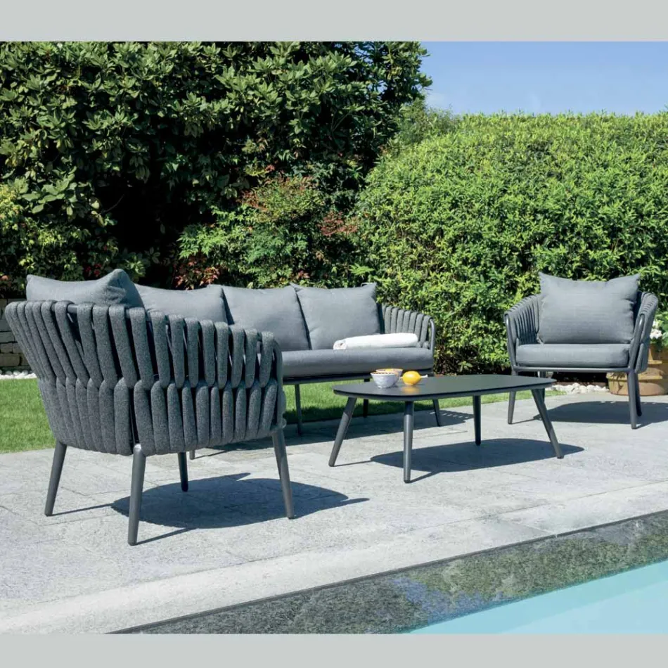 Narin Aluminum and Rope Upholstered Garden Lounge Set with Cushions Viadurini
