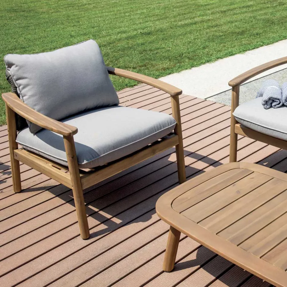 Rosira Acacia Wood Garden Lounge Set with Rope and Grey Cushions Viadurini