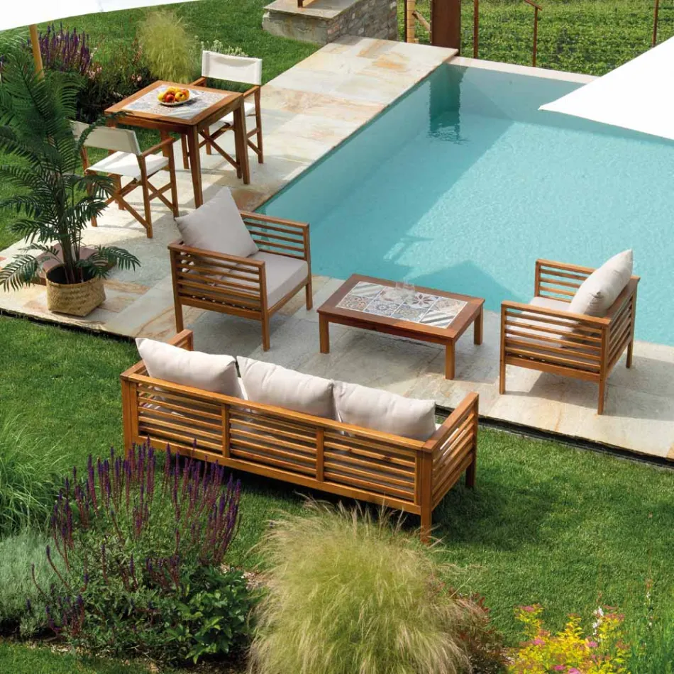 Garden Lounge Set in Oiled Acacia Wood Natural Color - Technical Viadurini