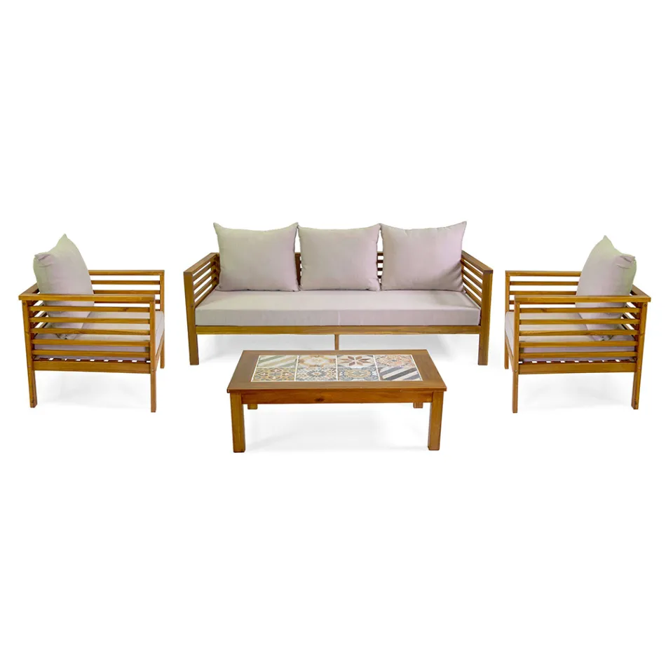 Garden Lounge Set in Oiled Acacia Wood Natural Color - Technical Viadurini