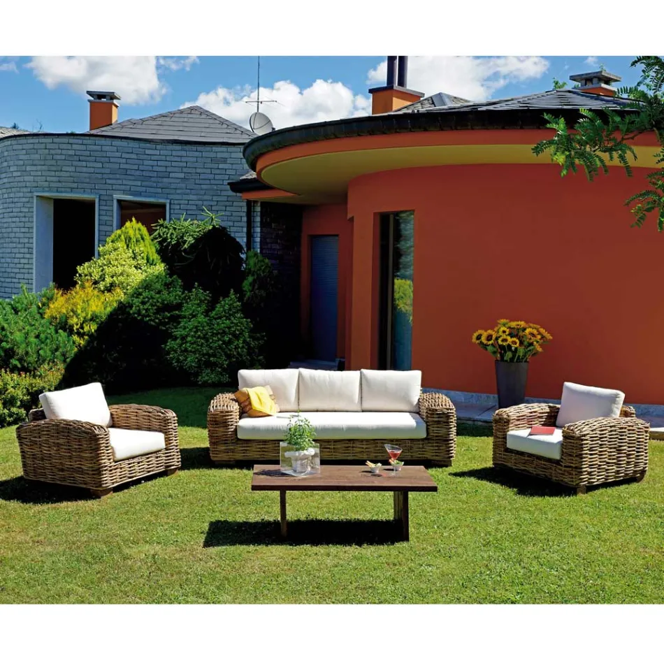 Rattan Garden Lounge with Wooden Coffee Table and Cushions - Hugues Viadurini